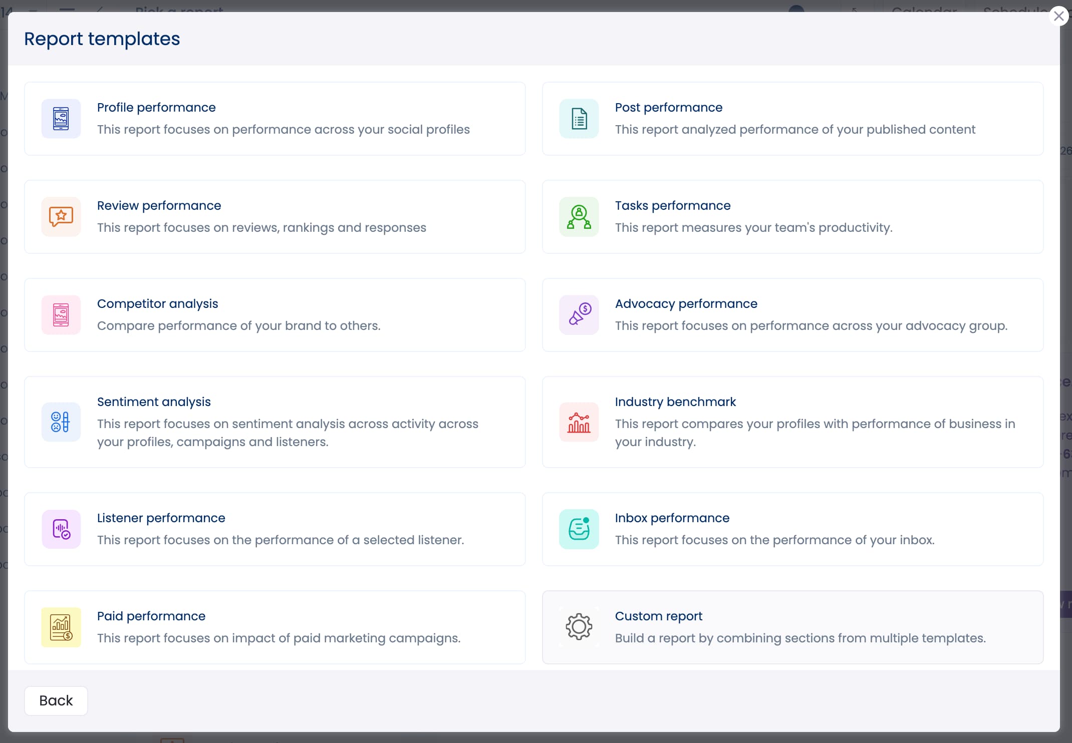 The available options for creating a custom report.