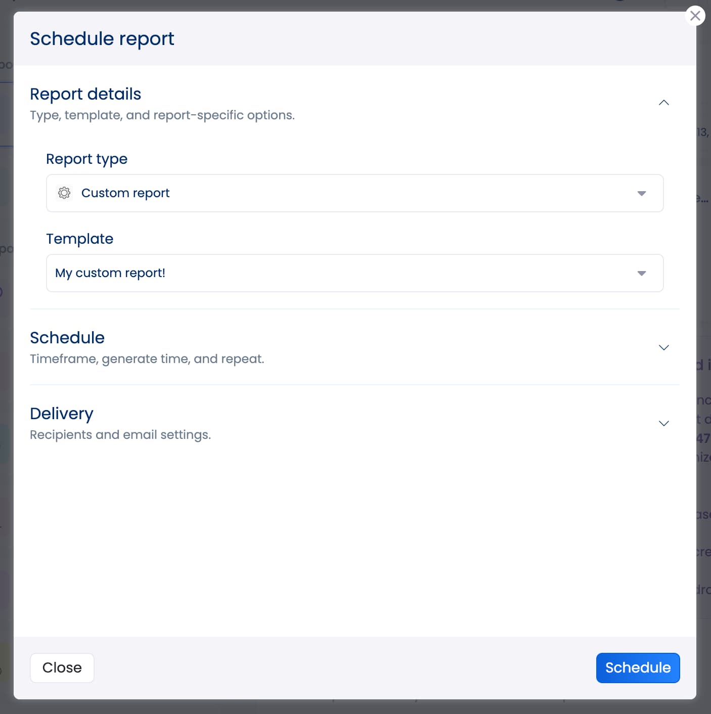 The report scheduling settings in Vista Social.