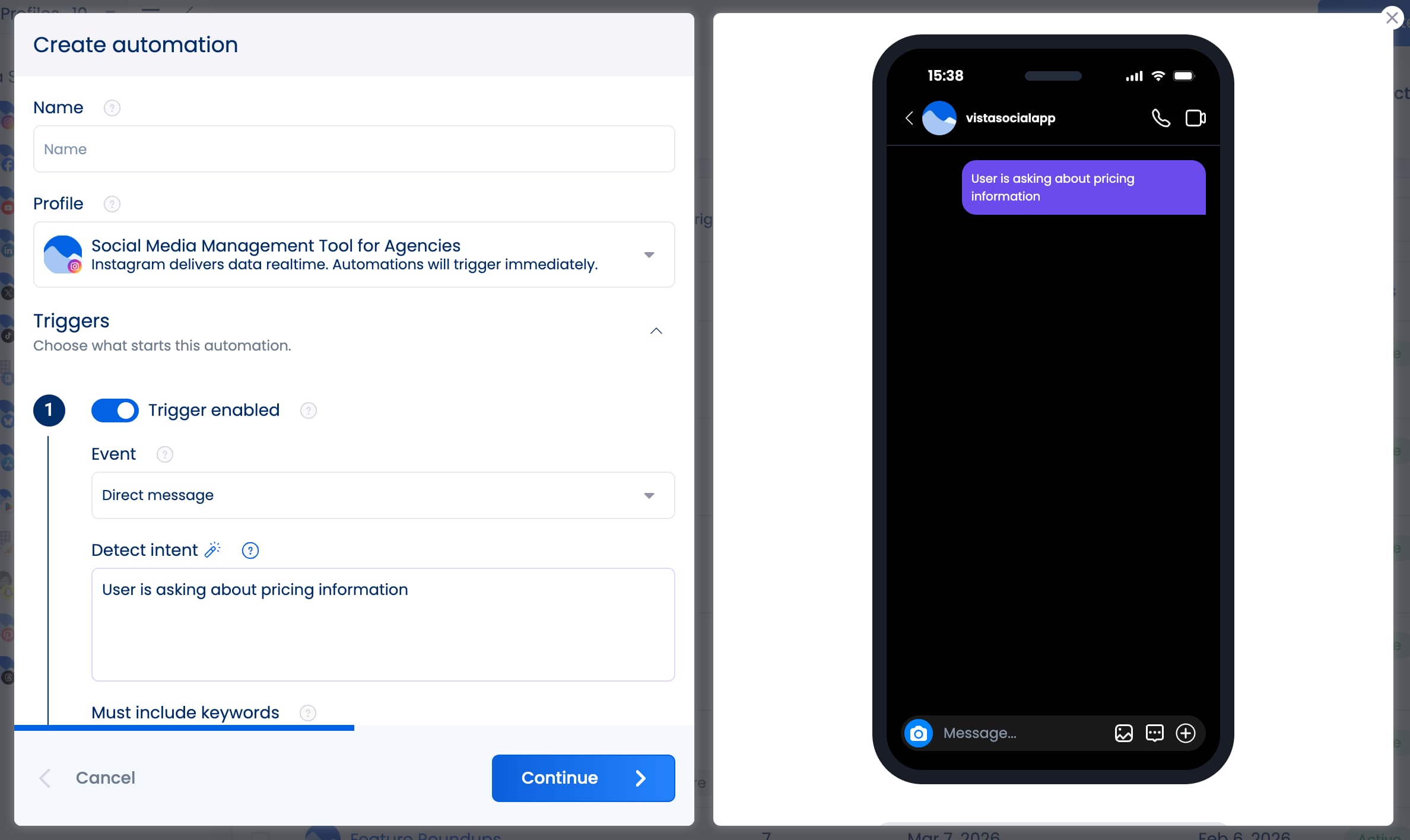 An automation in Vista Social using the detect intent with AI feature to find DMs where a user is asking about pricing info.