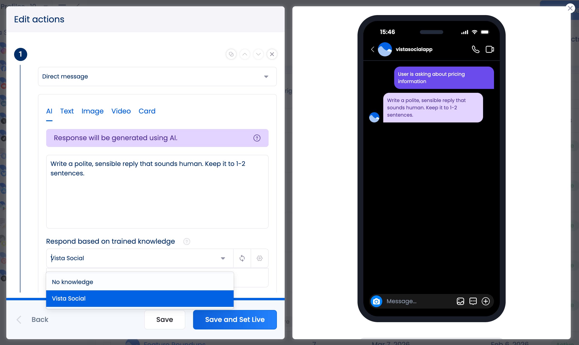 A DM automation in Vista Social set to respond using imported knowledge used to train the AI.
