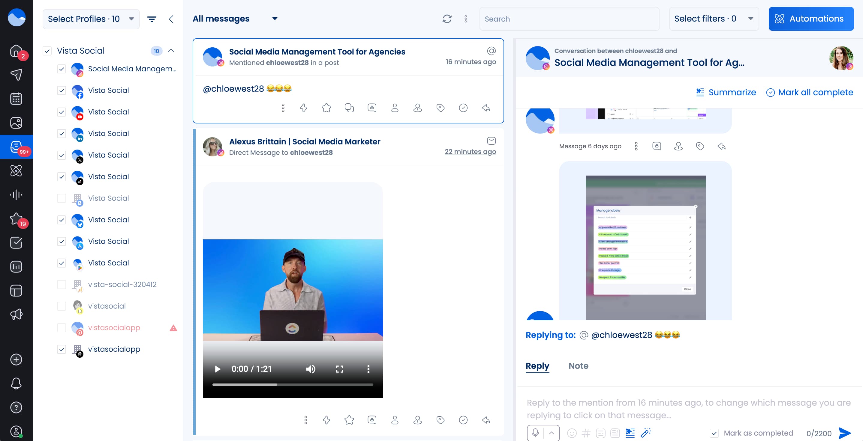The unified inbox interface inside Vista Social.
