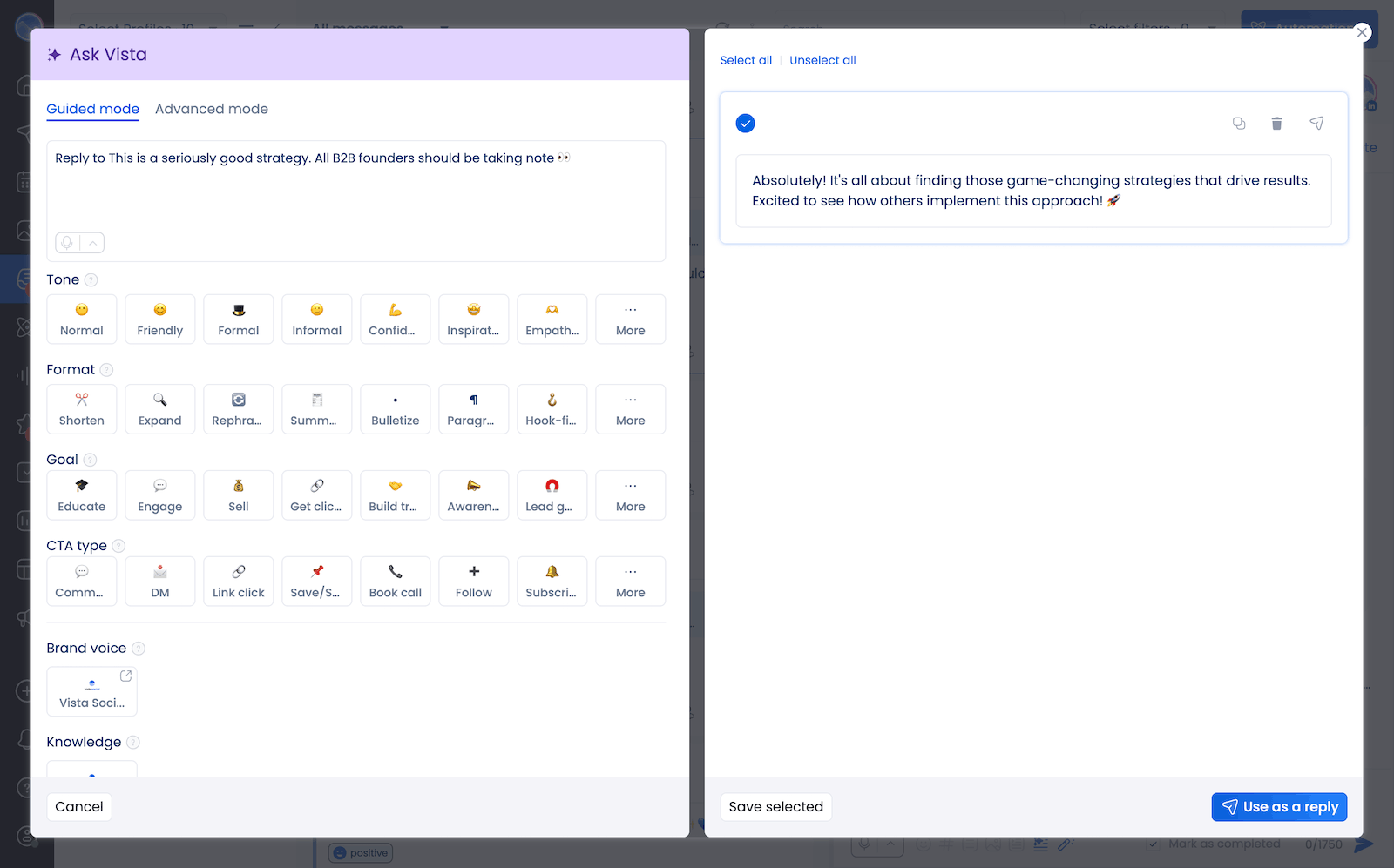 Using the AI assistant to reply to comments and messages in the Vista Social inbox.