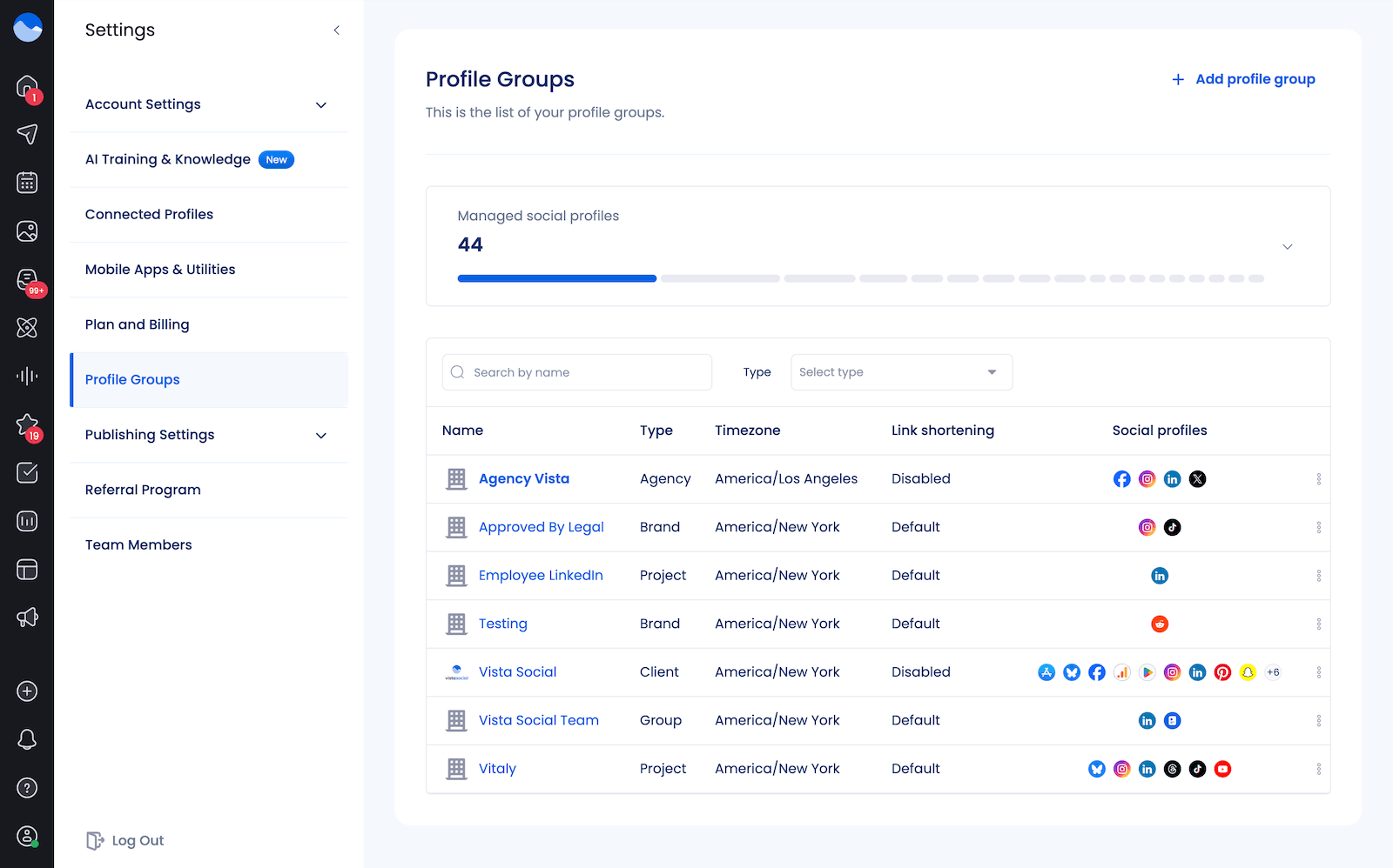 Profile group settings available in Vista Social.