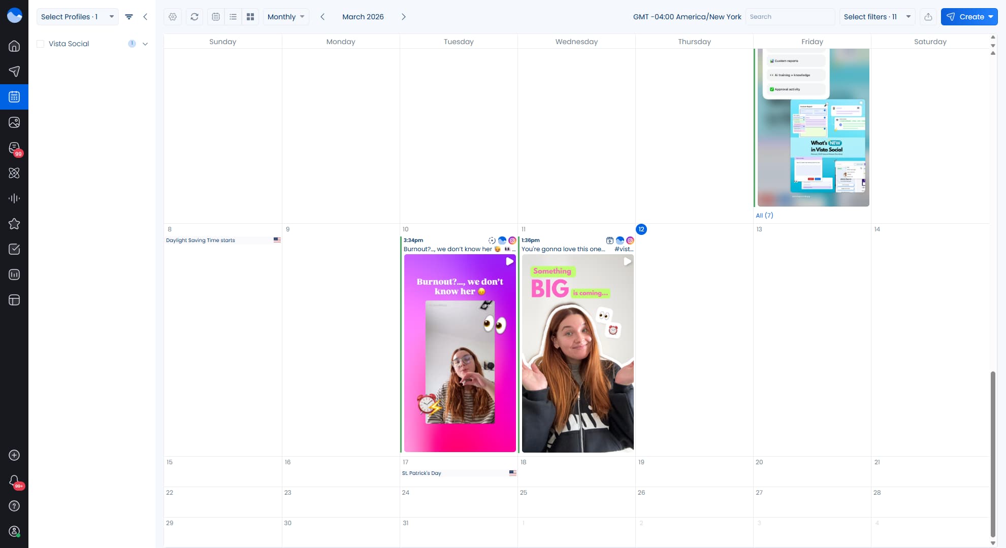 The Vista Social content calendar interface with posts scheduled throughout the month.