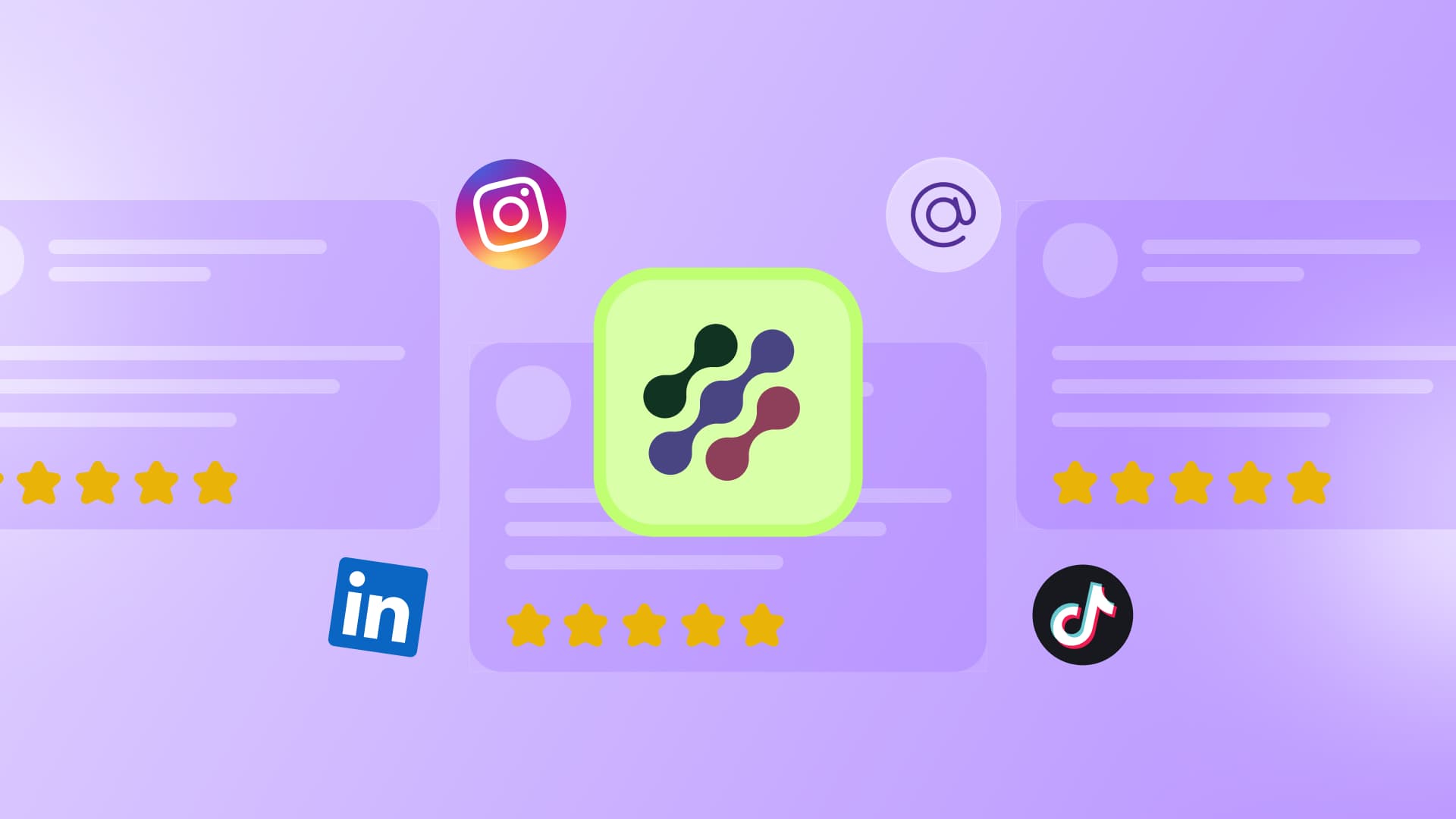 An illustration of a brand surrounded by reviews and social media platforms showcasing its reputation.