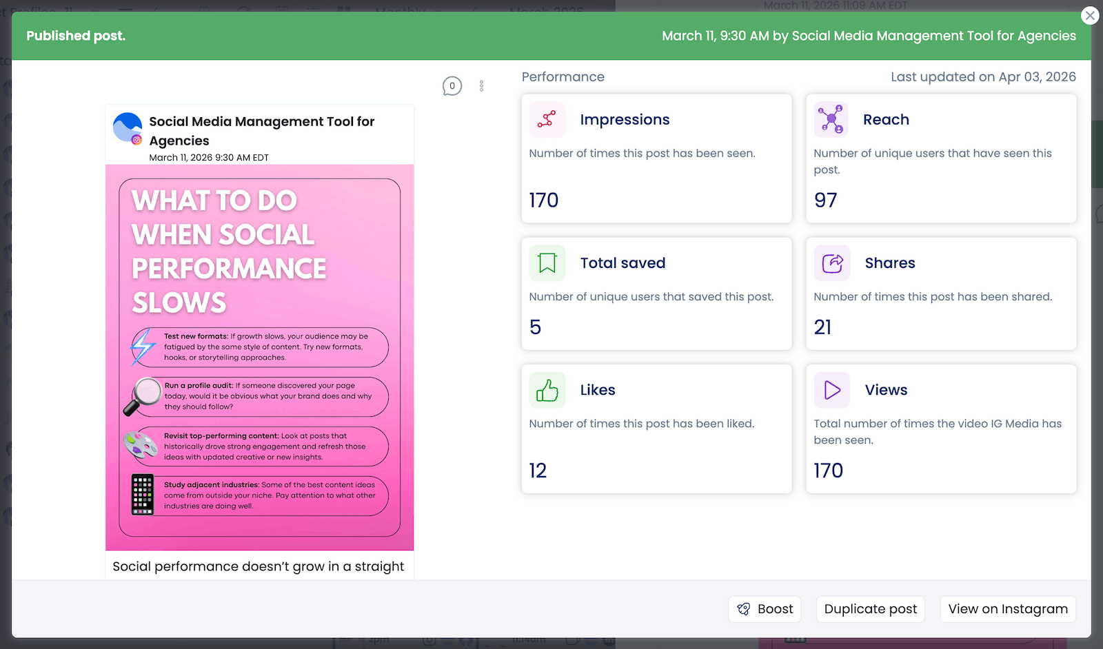 A screenshot of a Vista Social Instagram and its performance after being published natively to Instagram.
