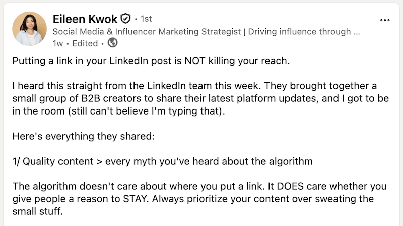 A LinkedIn post talking about how much content quality matters to the algorithm.