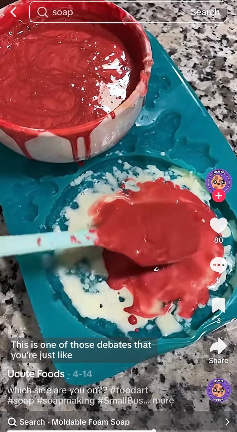 A screenshot of a TikTok making soap while telling a story.