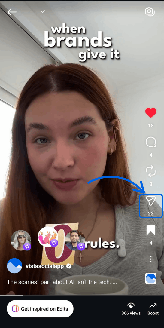 A screenshot pointing out the paper airplane sharing icon on an Instagram reel.
