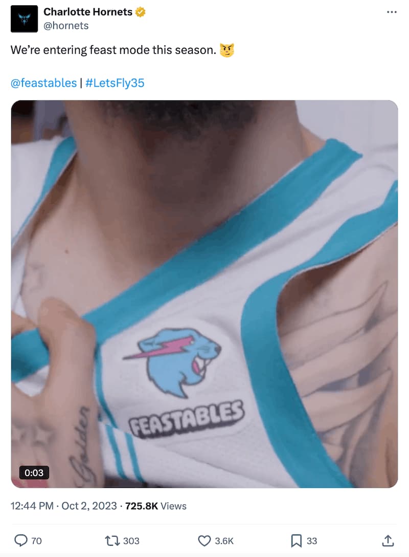 A tweet promoting an influencer partnership between MrBeast and the Charlotte Hornets.
