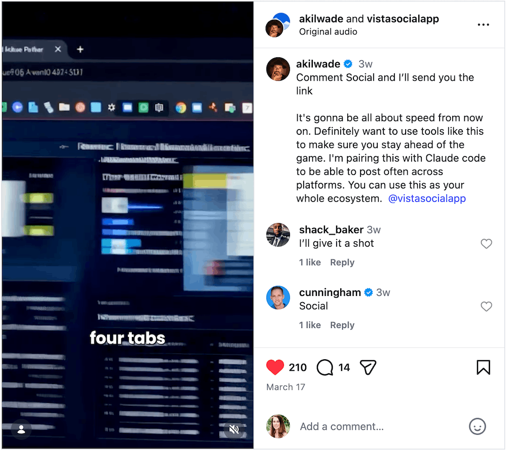 An Instagram influencer post made about Vista Social.