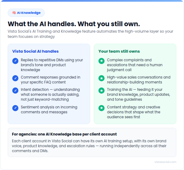 An infographic sharing what AI versus humans can handle in Instagram DMs.