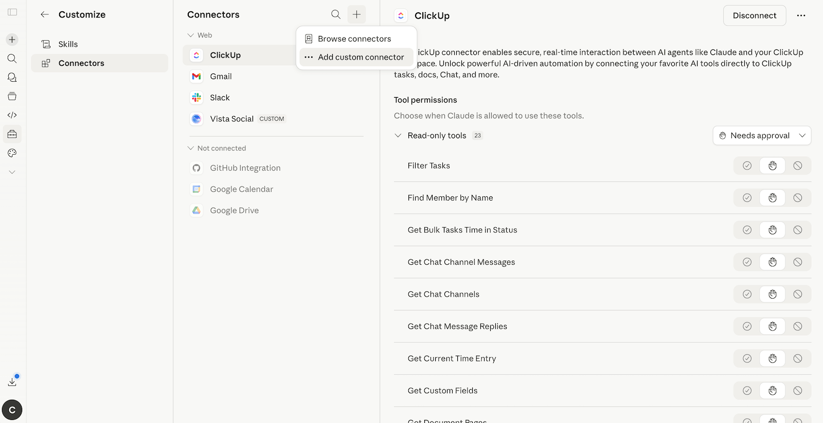 Claude's connector settings with the option to add a custom connector selected.