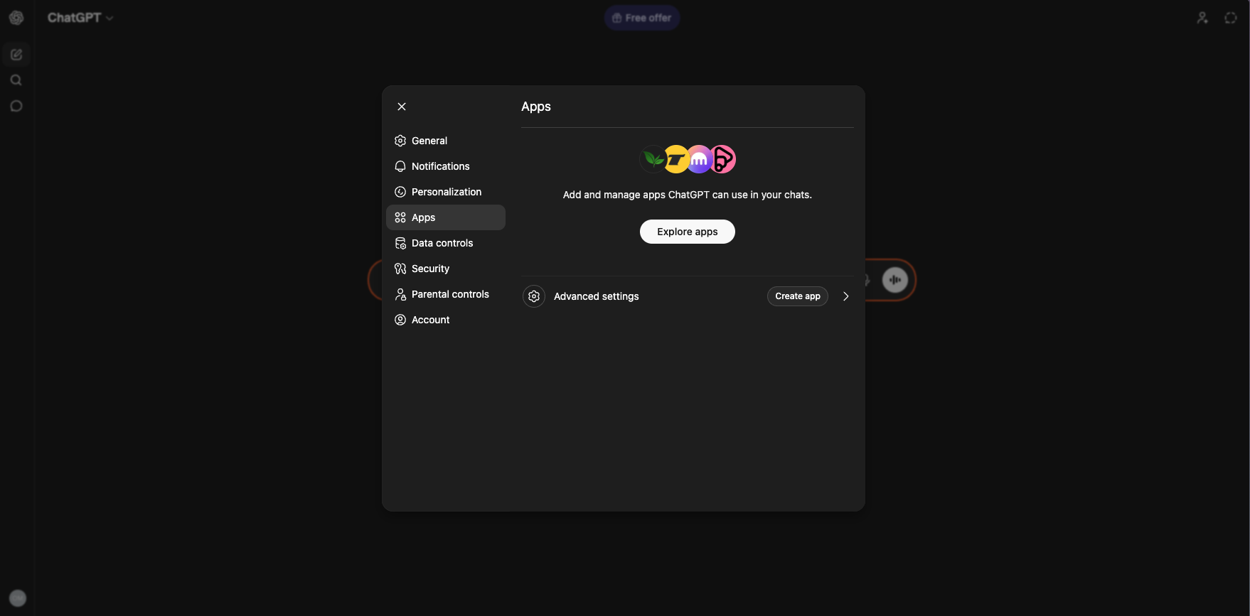 The apps dashboard in ChatGPT.