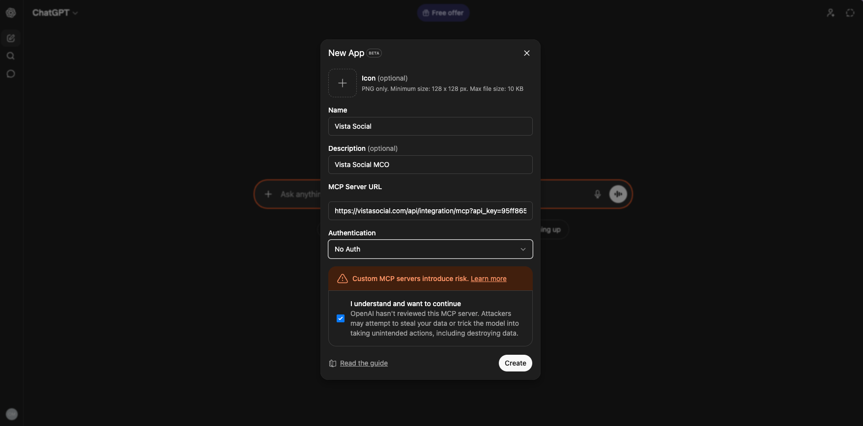 MCP connector settings in ChatGPT.