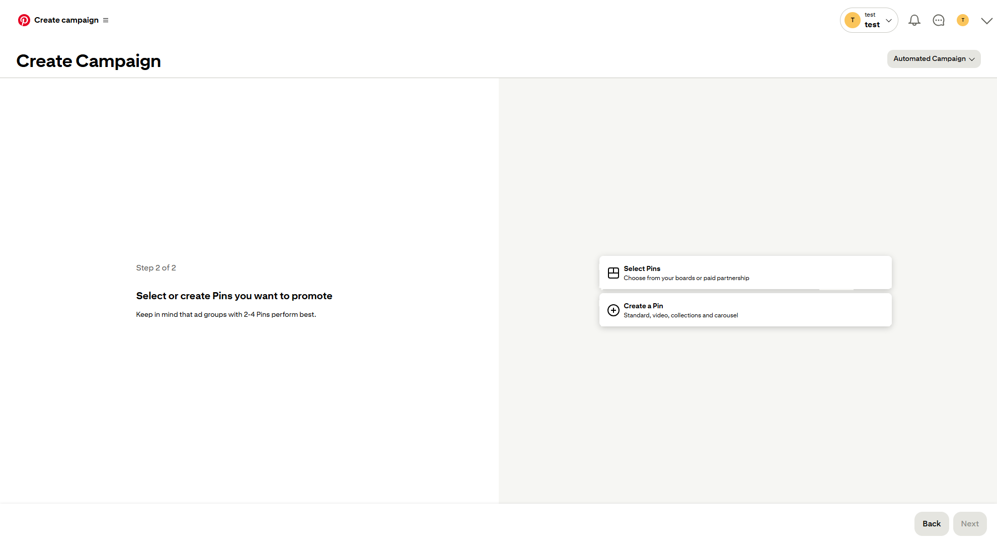 Decide whether to promote an existing pin or create a new pin for your ad.