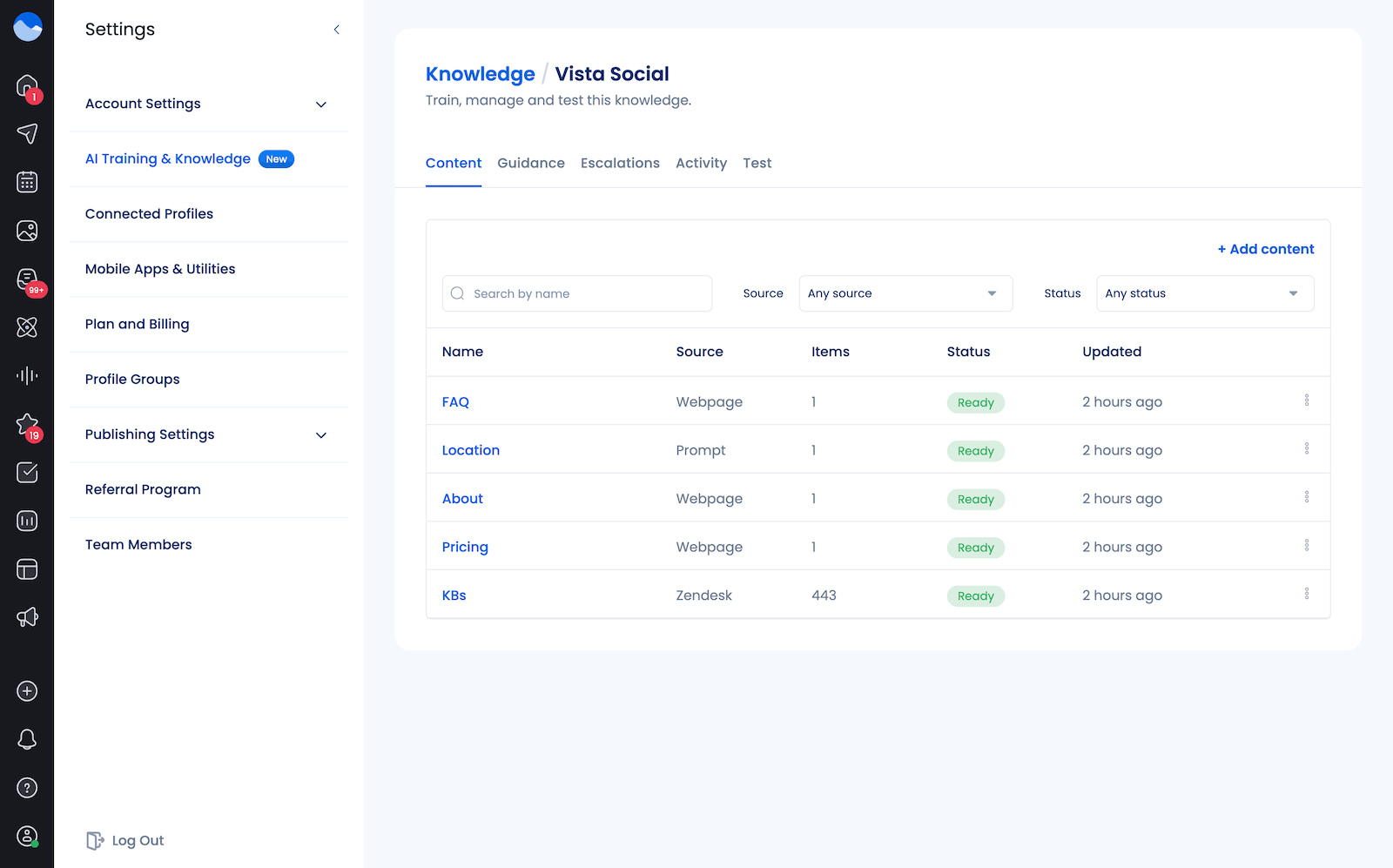 Vista Social's AI Knowledge dashboard.