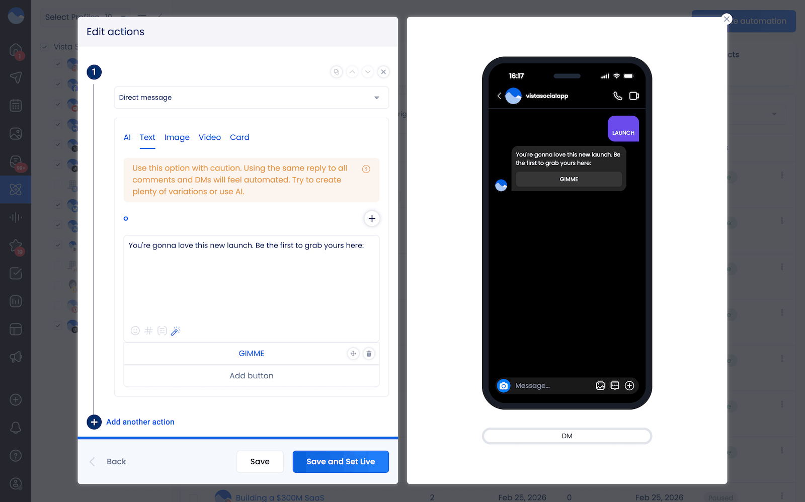 Adding actions into an Instagram DM automation in Vista Social.