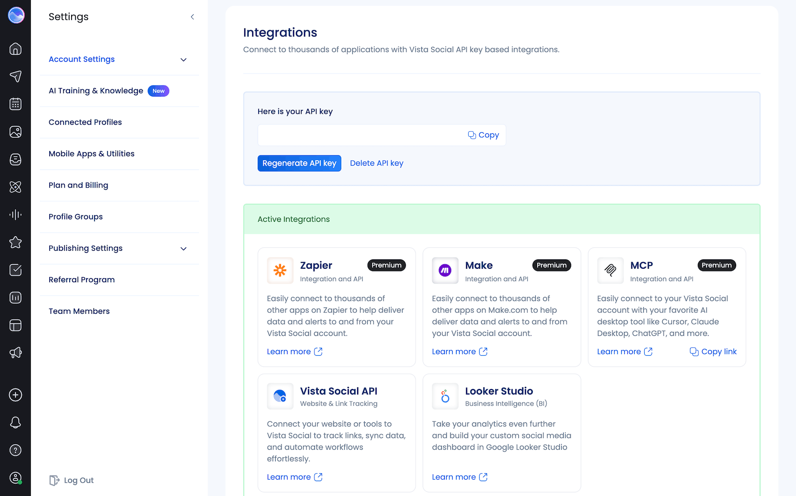 The integration settings in Vista Social.