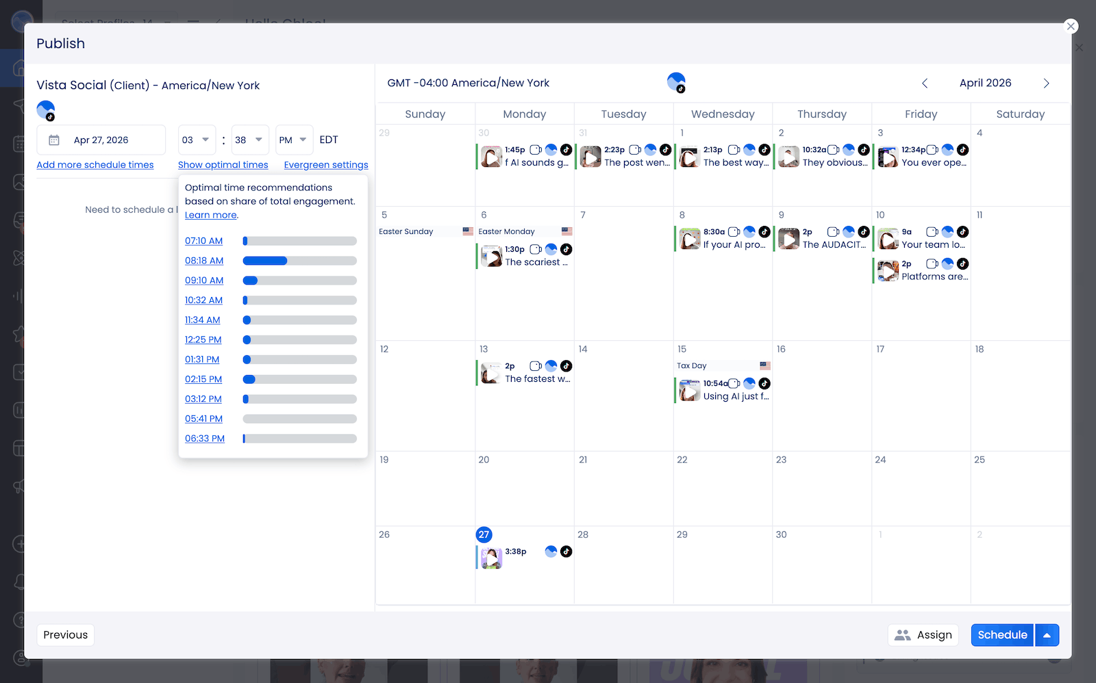 Optimal posting times for TikTok in Vista Social's publisher.
