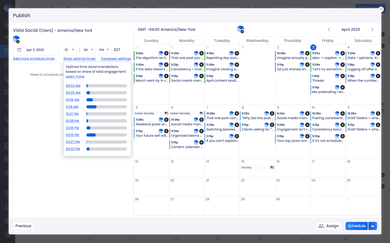 A screenshot showcasing Vista Social's optimal posting times for Threads.