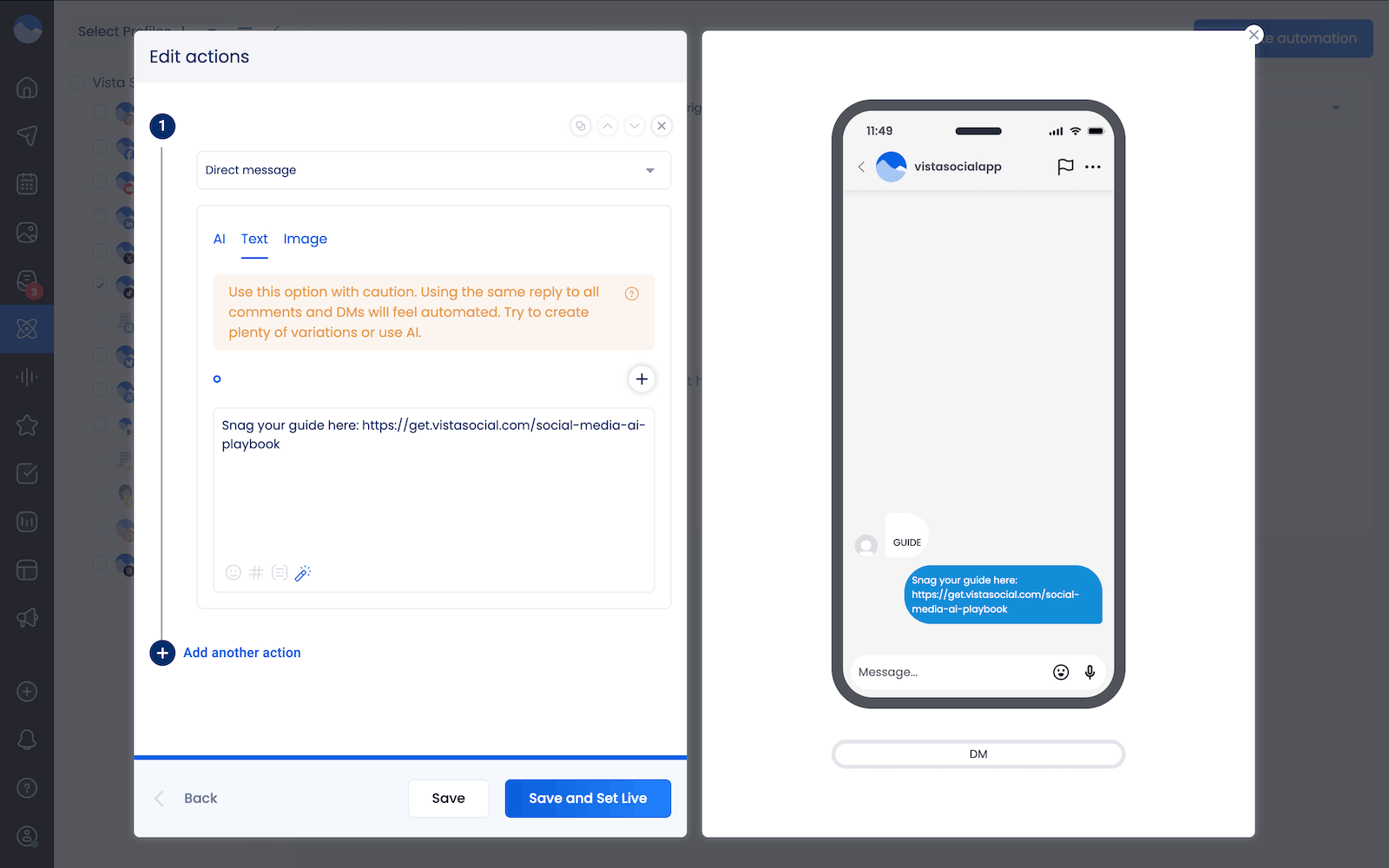 Adding actions into a TikTok DM automation in Vista Social.