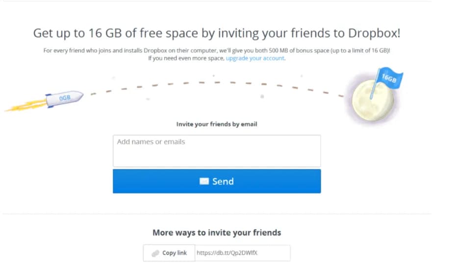 A screenshot of an old referral marketing campaign Dropbox ran.