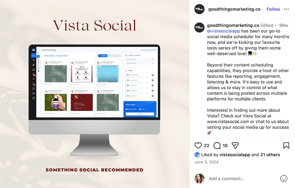 A screenshot of an Instagram post from an influencer talking about Vista Social.