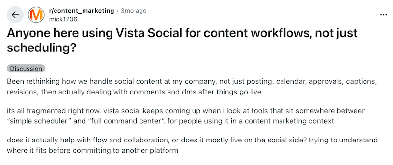 A screenshot of a Reddit post asking about Vista Social.