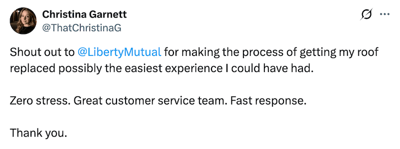 A screenshot of a tweet from a user sharing a positive experience with Liberty Mutual.
