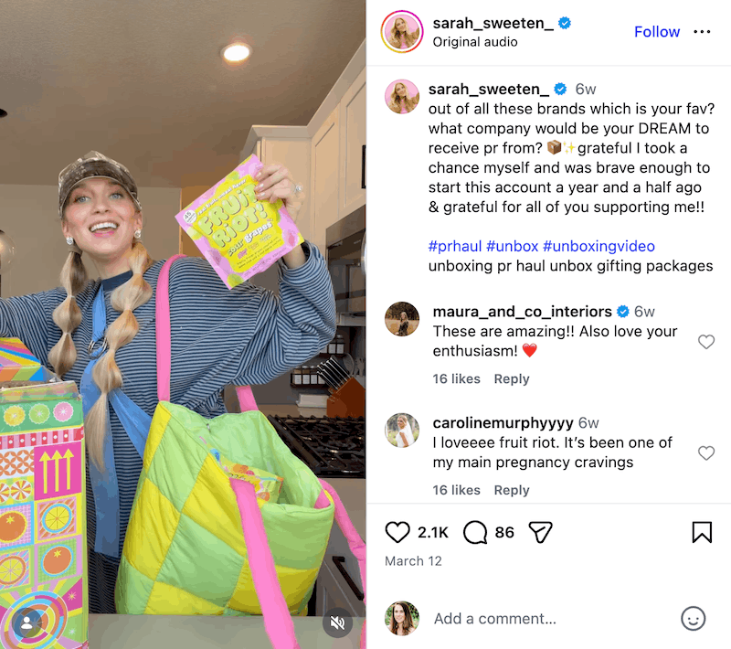 An Instagram post of an influencer doing a PR unboxing of all the products brands have sent her.