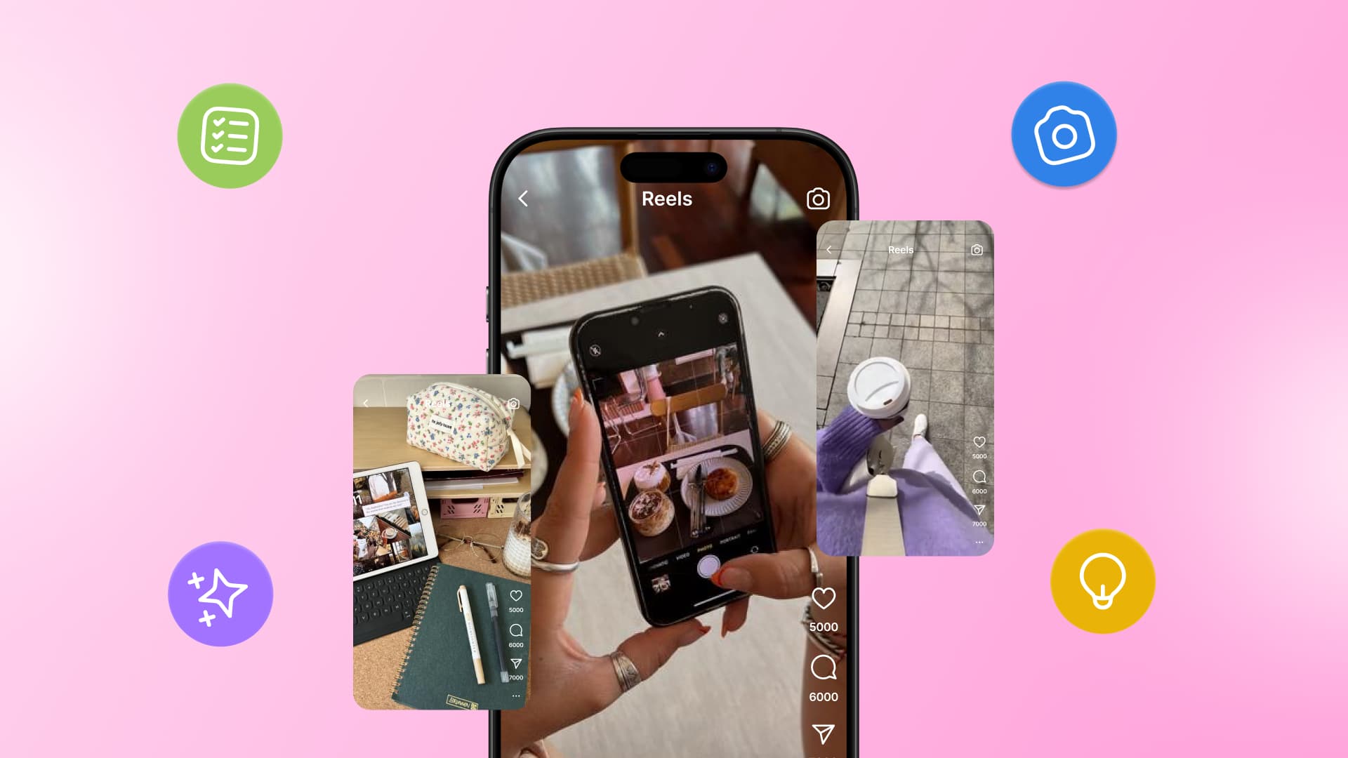 An illustration of a few Instagram Reels popping off a phone screen.