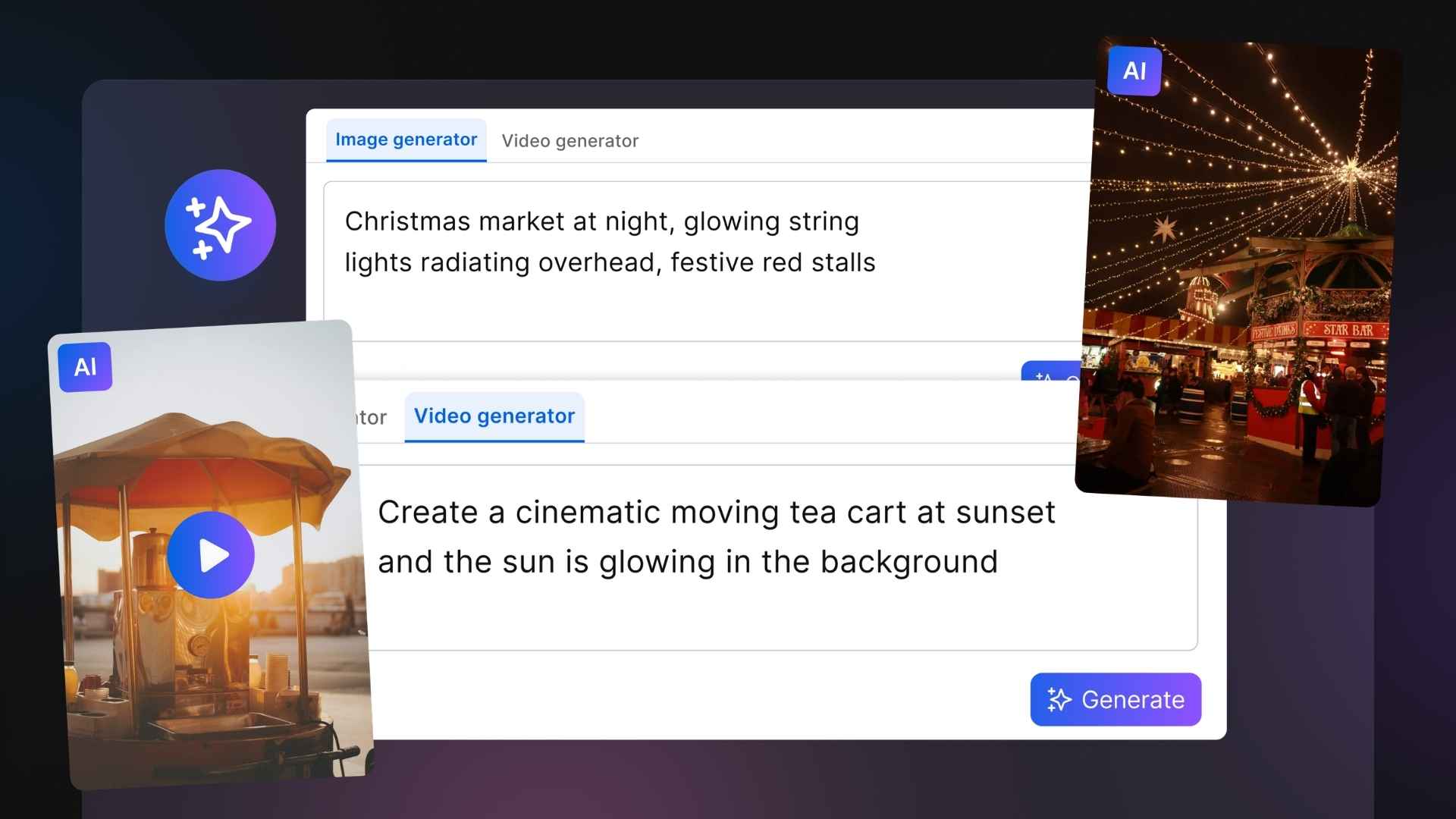 An illustration showcasing AI image and video generation capabilities in Vista Social.