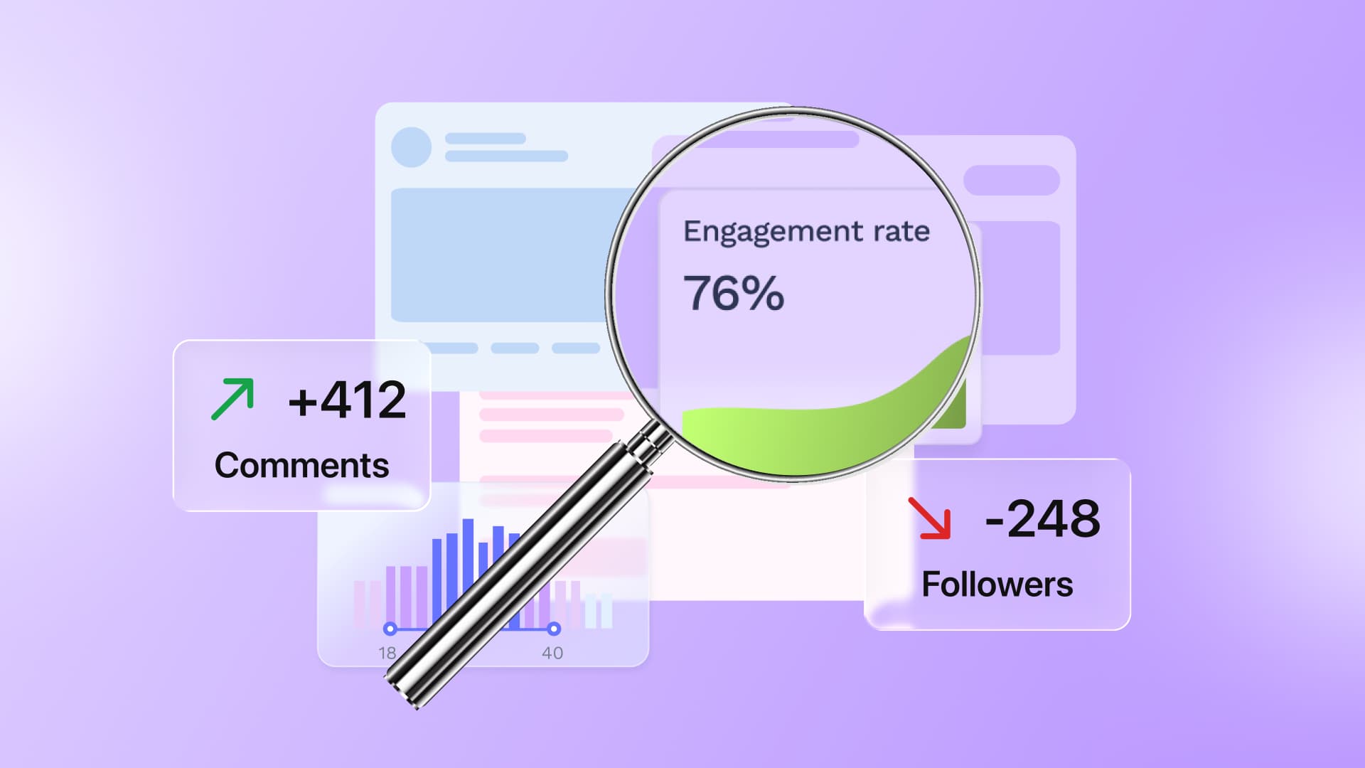 An illustration of a magnifying glass pinpointing quick wins in a social media audit.