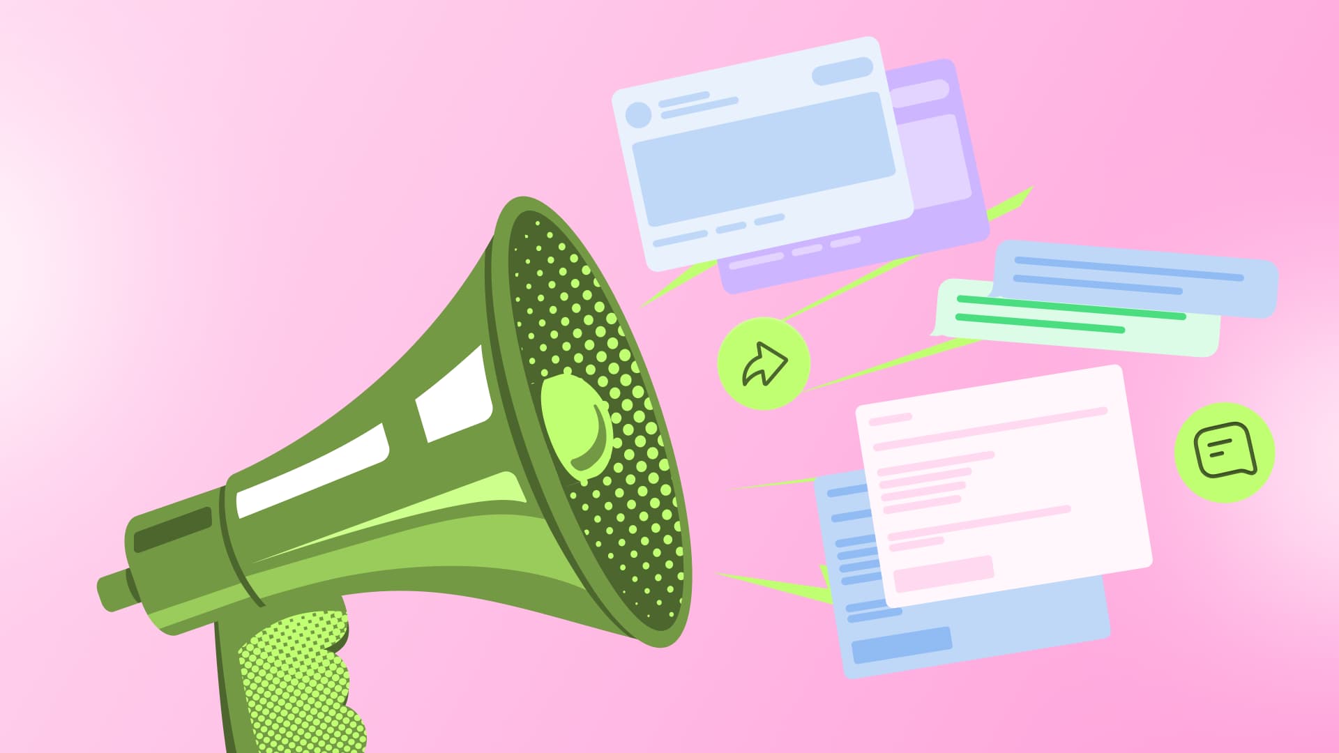 An illustration of a megaphone promoting online posts to boost brand awareness.