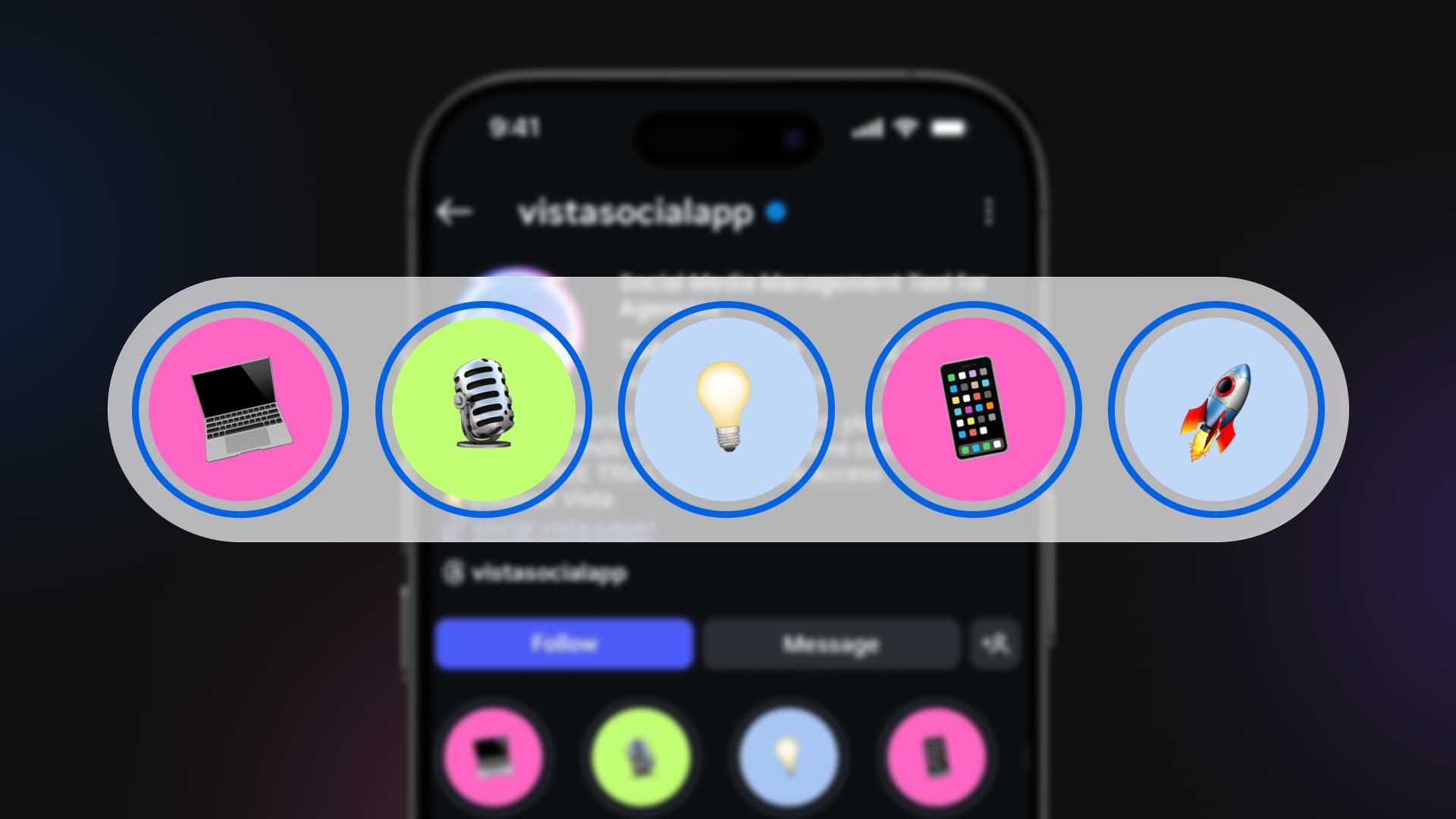 An illustration of Vista Social's Instagram profile with its Instagram highlight covers called out.