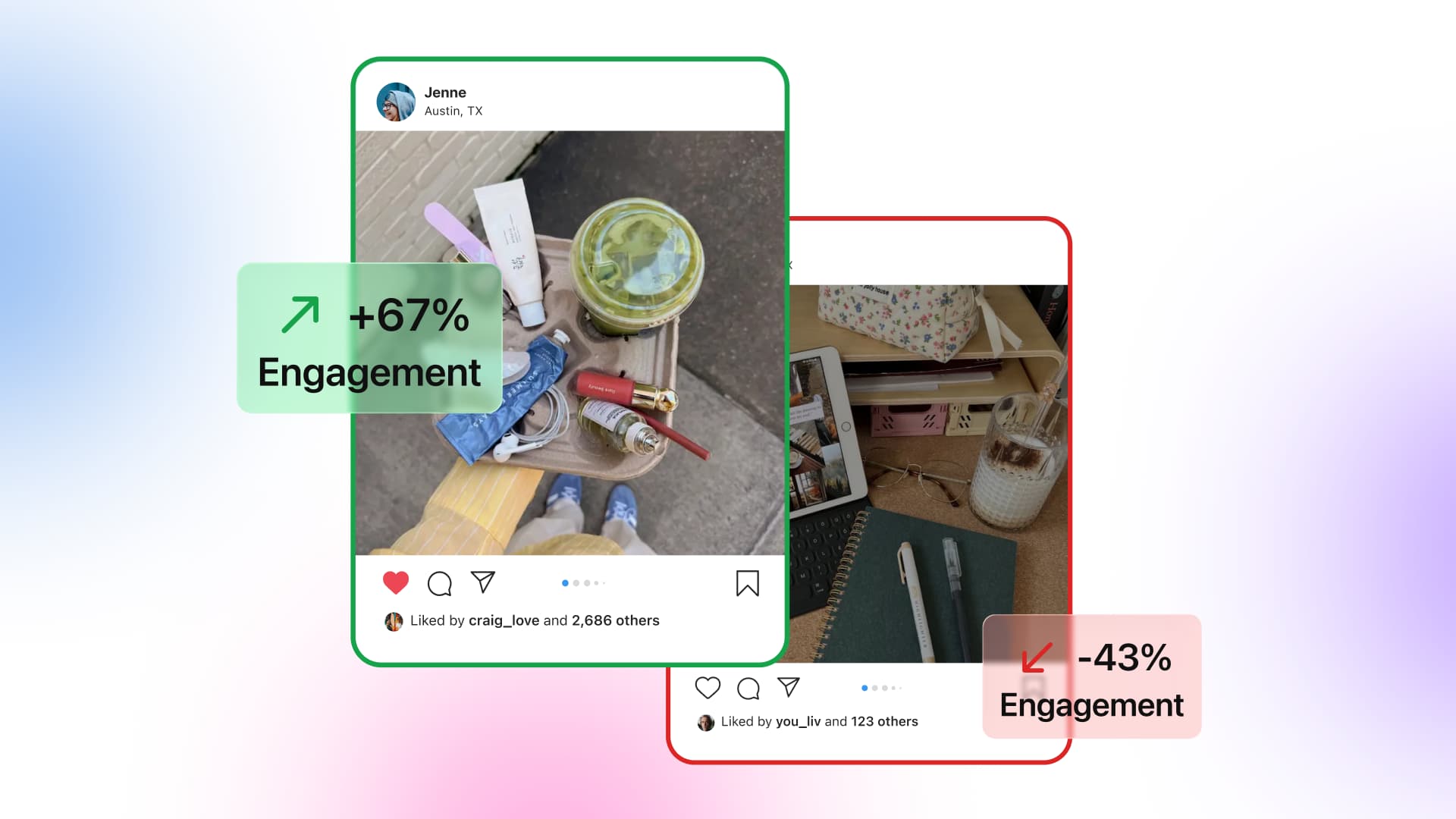 An illustration of two social media posts with different engagement rates due to the social media algorithm.