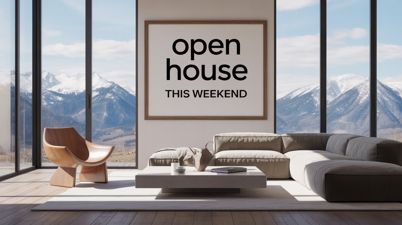 An AI generated image of a living room with an "Open House" sign in the background.