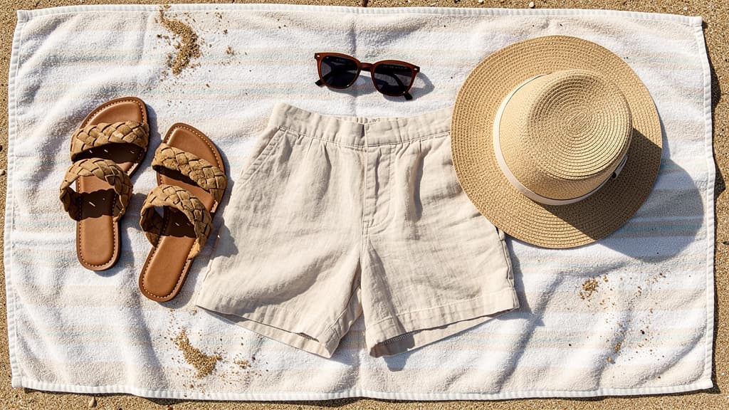An AI generated image of a beach outfit flatlay atop a beach towel.