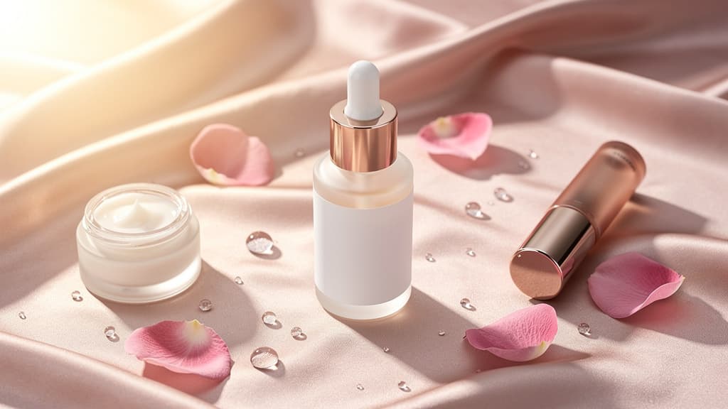 An AI generated image of a serum and other skincare products on a satin sheet.