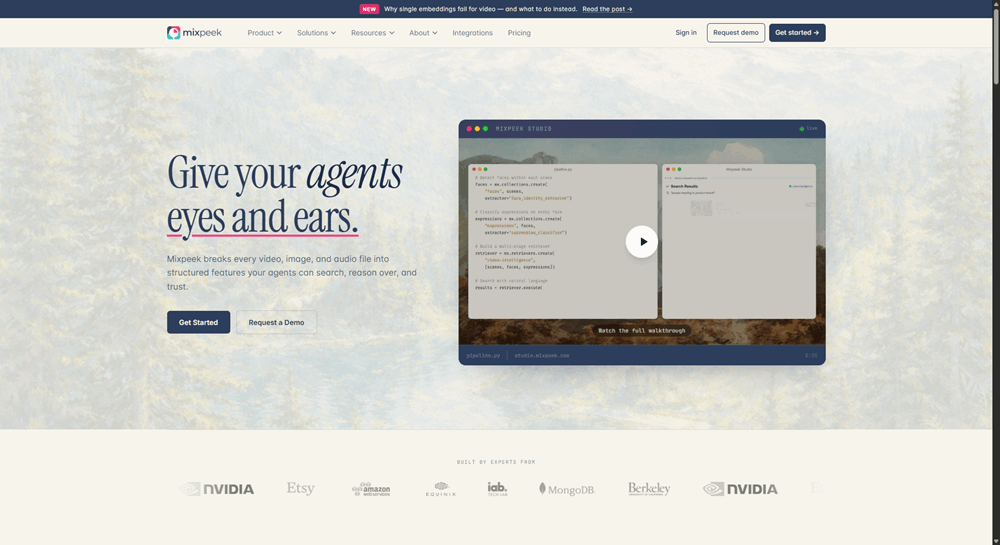 Mixpeek homepage promoting its multimodal AI platform for processing video, image, and audio content.