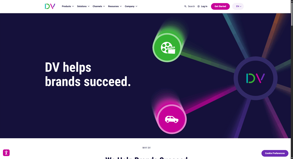DoubleVerify homepage with the headline "DV helps brands succeed" and animated media channel icons.