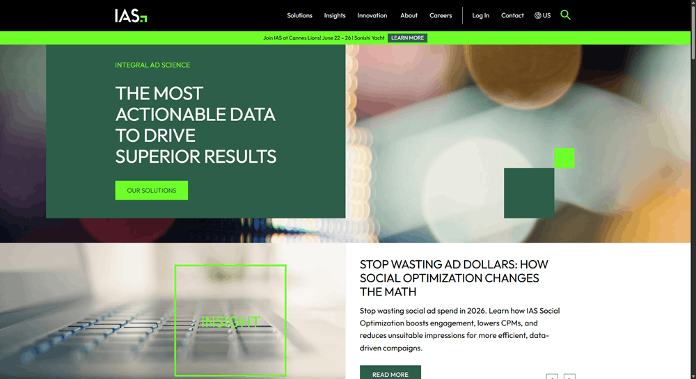 Integral Ad Science homepage promoting its ad verification and social optimization data solutions for 2026.