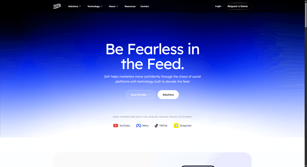Zefr homepage with the tagline "Be Fearless in the Feed" and integration logos for YouTube, Meta, and TikTok.