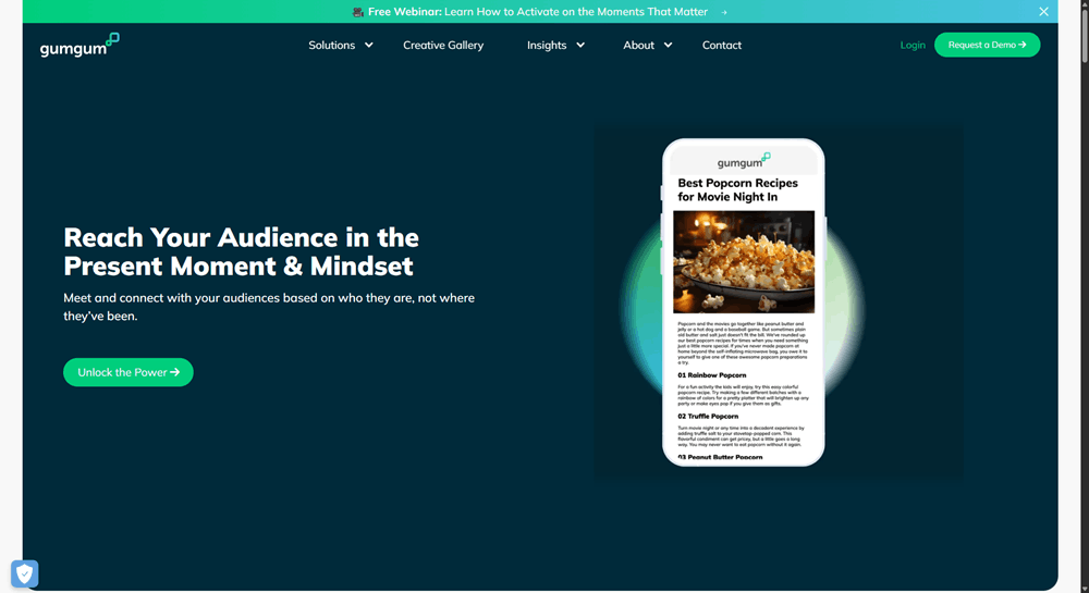 GumGum homepage highlighting its contextual advertising platform for reaching audiences in the right mindset.