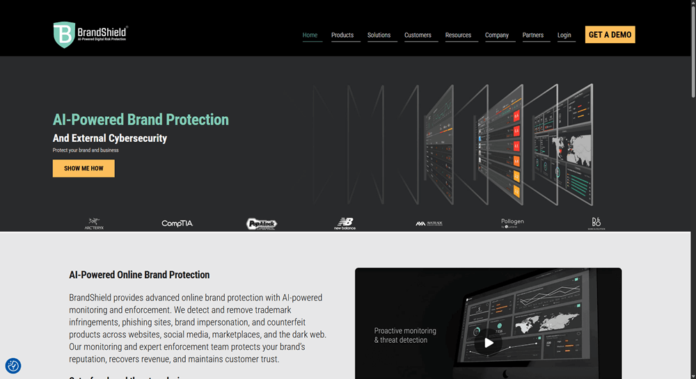 BrandShield homepage promoting its AI-powered brand protection and external cybersecurity monitoring tools.