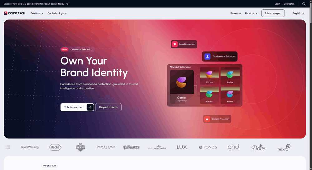 Corsearch homepage showcasing its brand identity protection and trademark solutions with the Zeal 2.0 interface.
