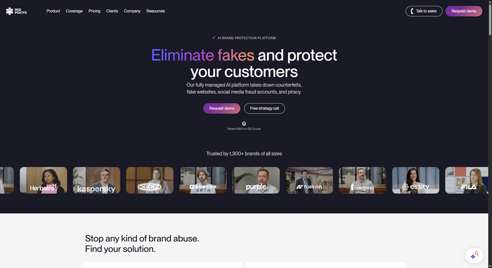 Red Points homepage promoting its AI brand protection platform for eliminating counterfeits and fake accounts. 