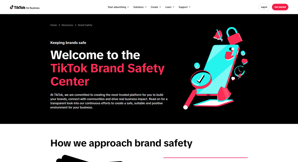 TikTok for Business Brand Safety Center landing page highlighting its commitment to a safe advertising environment.