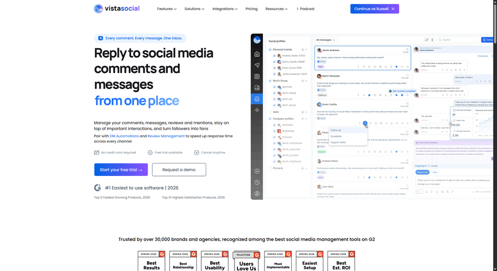 Vista Social engagement page showing its unified inbox for managing social media comments and messages.